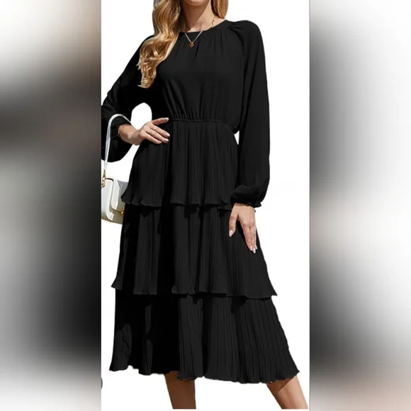 Xisoxu Black Chiffon Tiered Long Sleeve Flowy Cocktail Dress NWOT Small - Picture 2 of 5